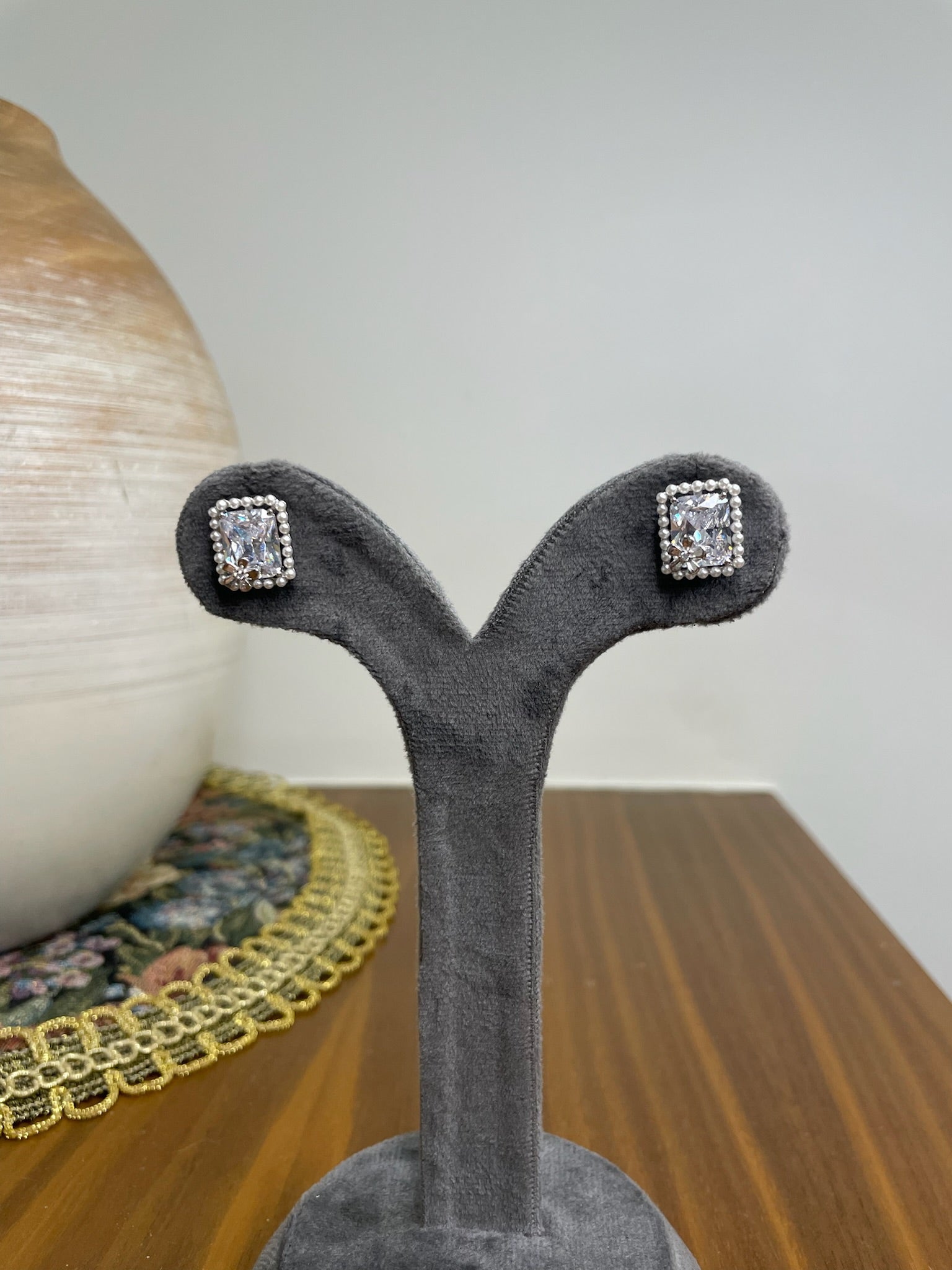 Sunaina – Emerald-Cut Crystal & Seed Pearl Halo Studs