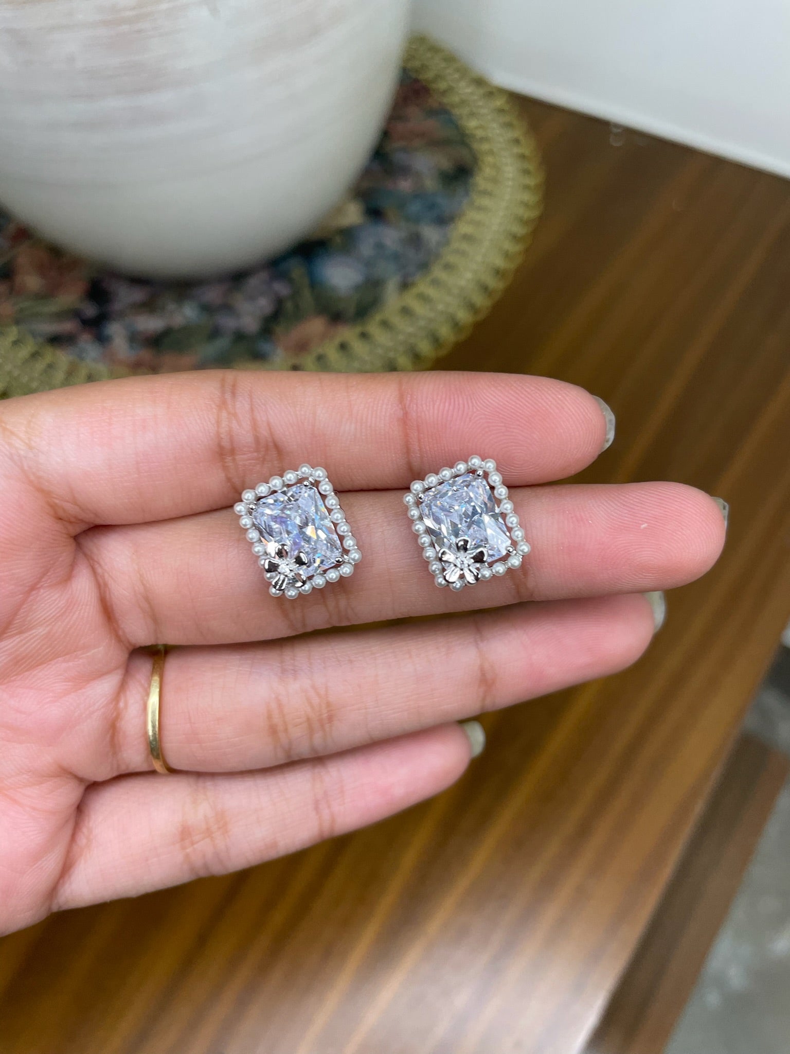 Sunaina – Emerald-Cut Crystal & Seed Pearl Halo Studs