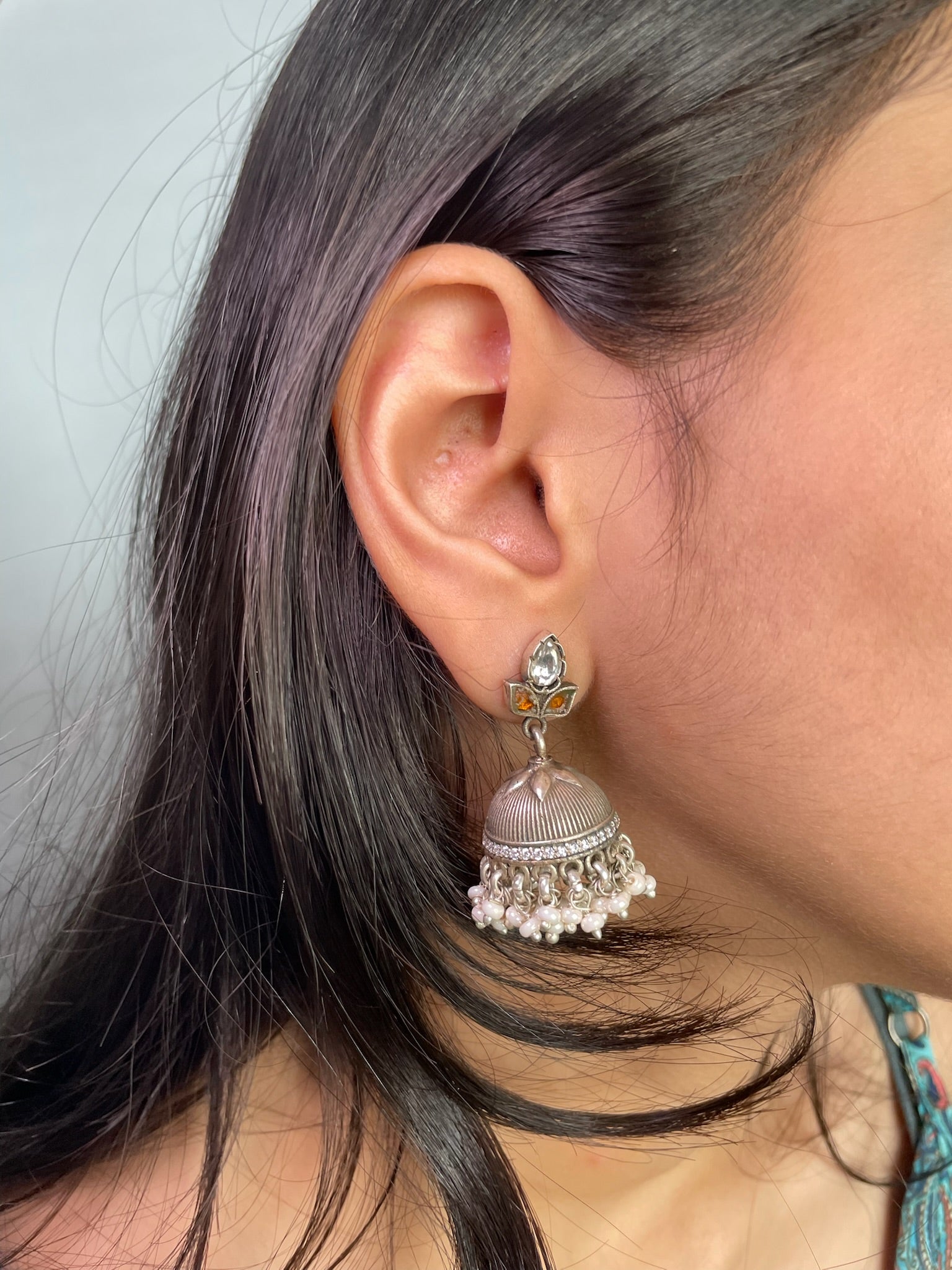 Veda – Antique Oxidized Silver Pearl-Fringe Jhumkas
