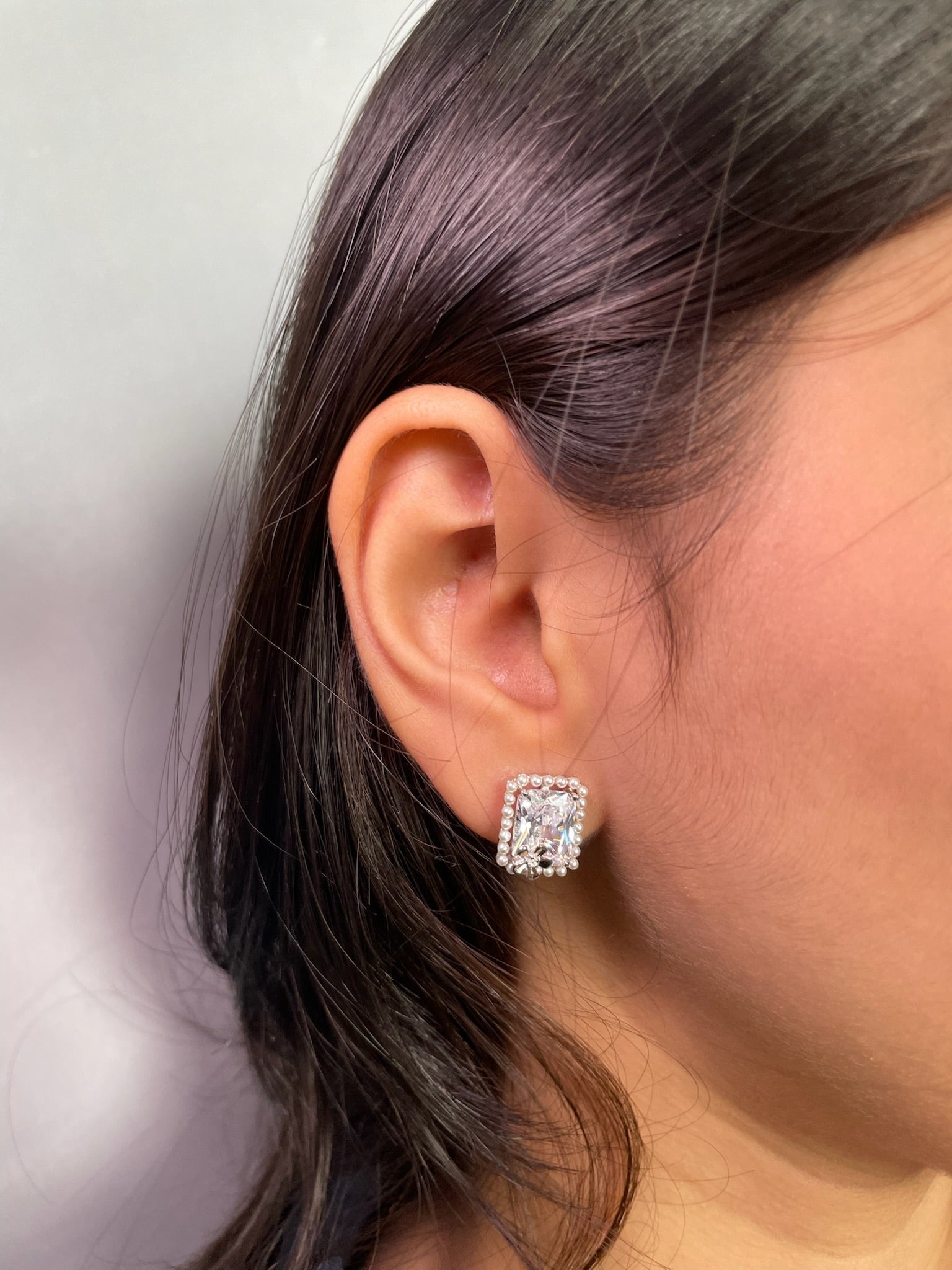 Sunaina – Emerald-Cut Crystal & Seed Pearl Halo Studs