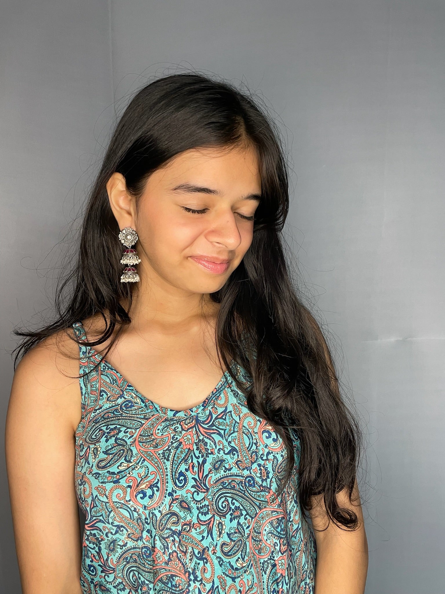 Diya – Double Step Ruby Oxidised Silver Jhumkas