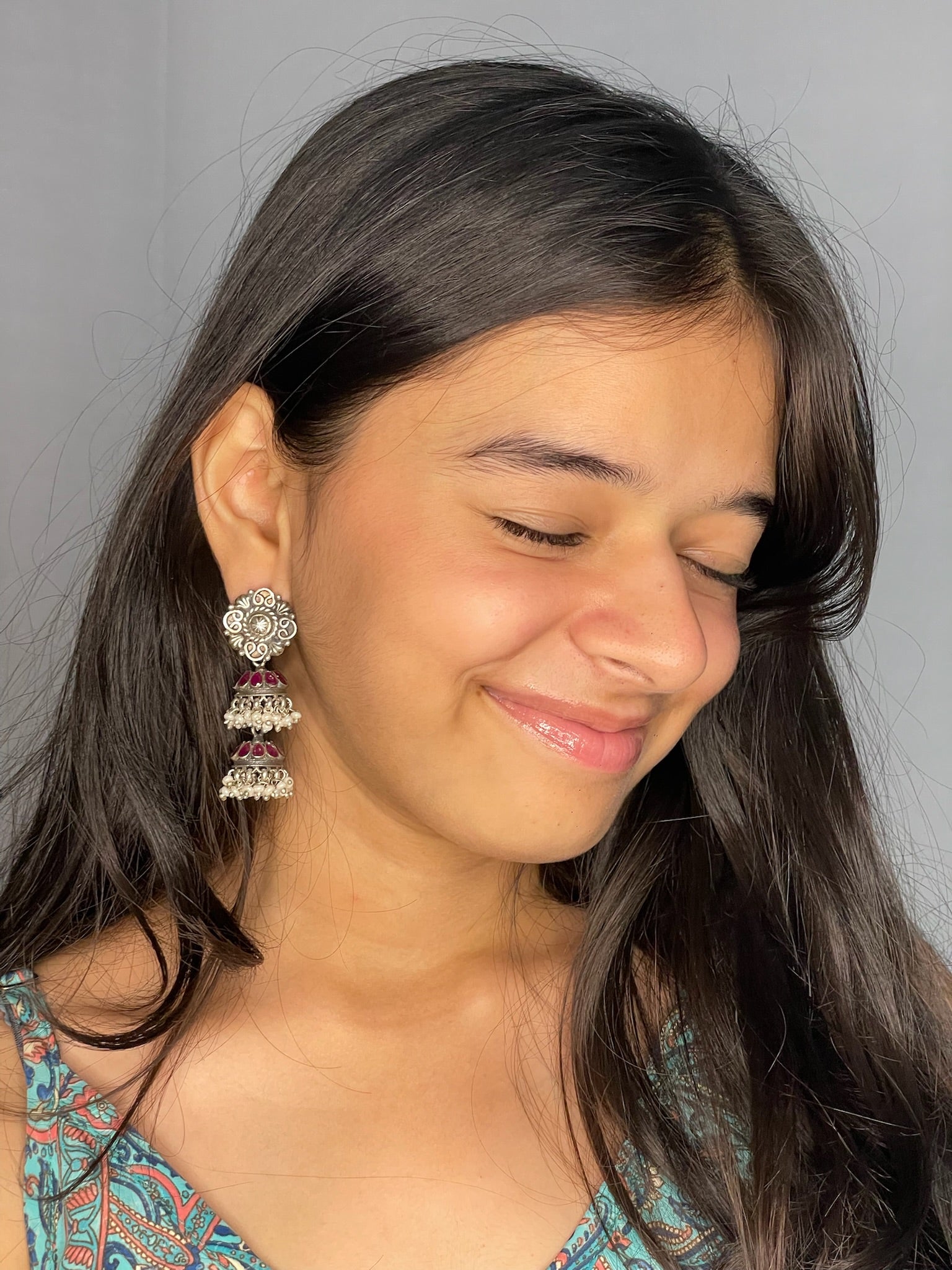 Diya – Double Step Ruby Oxidised Silver Jhumkas