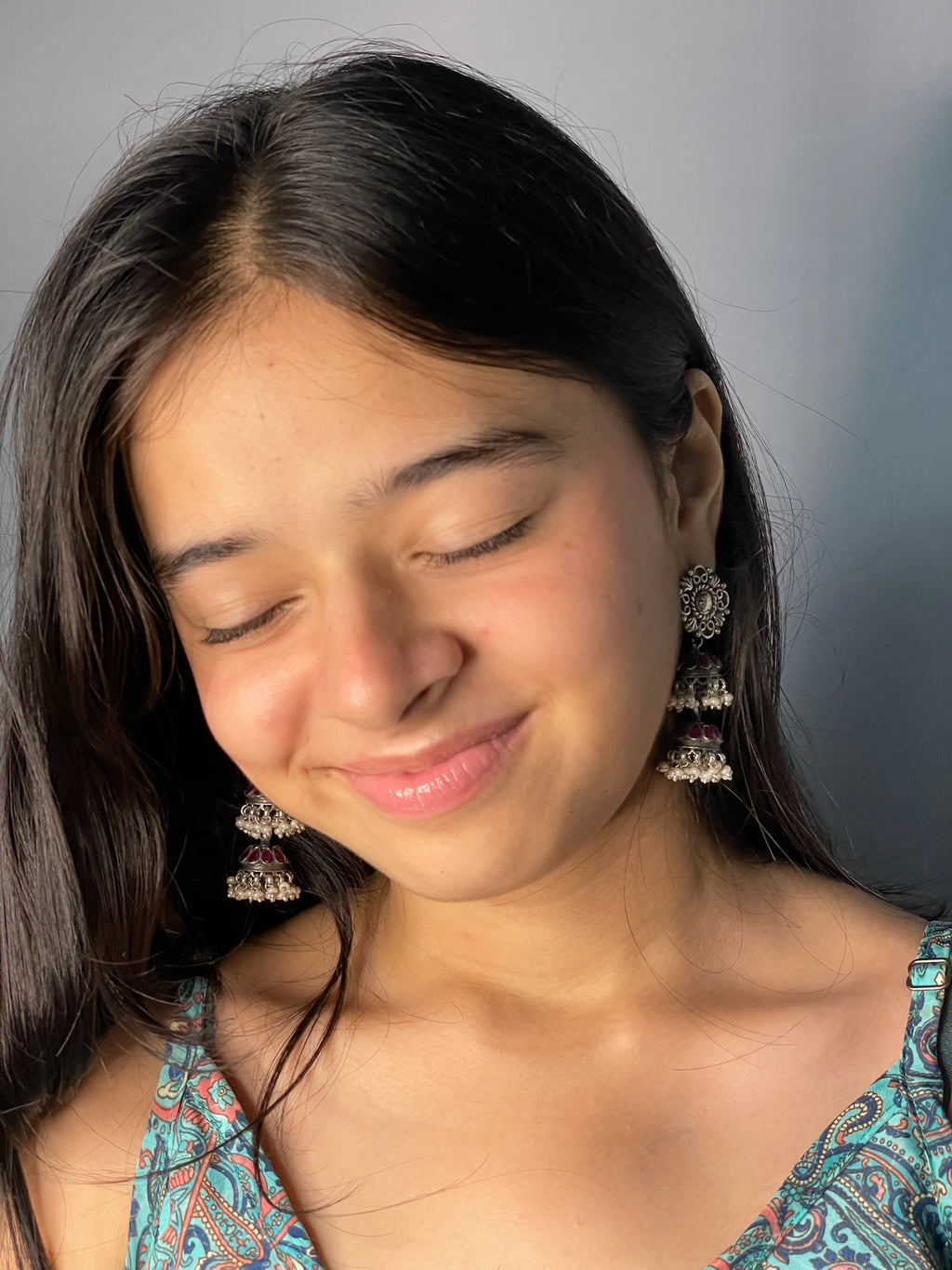 Diya – Double Step Ruby Oxidised Silver Jhumkas