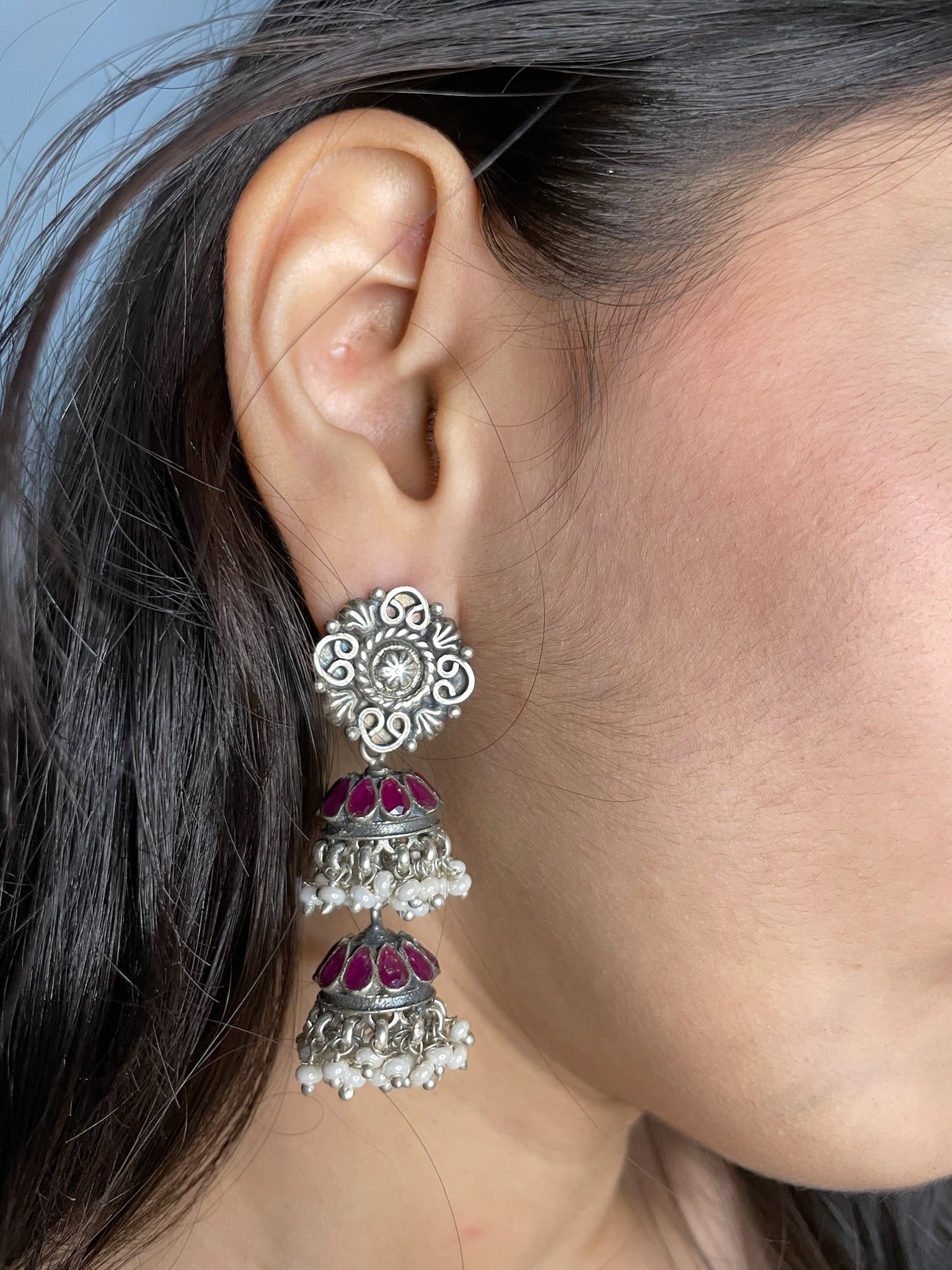 Diya – Double Step Ruby Oxidised Silver Jhumkas